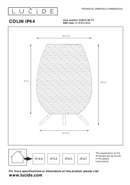 Lucide COLIN IP44 - Lámpara de mesa Recargable Dentro/Fuera - Batería/acumulador - LED 3 StepDim - 1x3W 3000K - IP44 - Natural - técnico